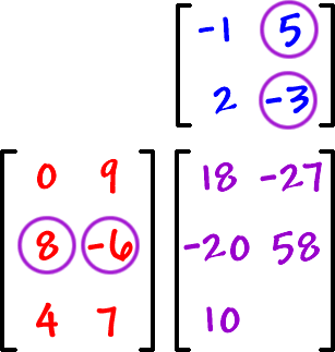 A = [ row 1: -1 , 5  row 2: 2 , -3 ] ... B = [ row 1: 0 , 9  row 2: 8 , -6  row 3: 4 , 7 ] ... use column 2 of matrix A and row 2 of matrix B ... 58 goes in entry c22 of the answer matrix c