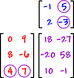 A = [ row 1: -1 , 5  row 2: 2 , -3 ] ... B = [ row 1: 0 , 9  row 2: 8 , -6  row 3: 4 , 7 ] ... use column 2 of matrix A and row 3 of matrix B ... -1 goes in entry c32 of the answer matrix c