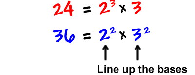 24 = 2^3 x 3  ...  36 = 2^2 x 3^2  ...  Line up the bases