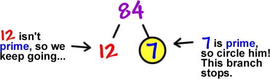 84  ...  splits into 12 and 7  ...  12 isn't prime, so we keep going  ...  7 is prime, so circle him!  That branch stops.