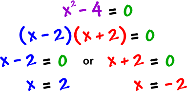 x^2 - 4 = 0 gives ( x - 2 ) ( x + 2 ) = 0 which gives x - 2 = 0 or x + 2 = 0 which gives x = 2 or x = -2