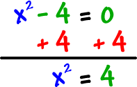 x^2 - 4 = 0 ... add 4 to both sides, which gives x^2 = 4