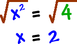 sqrt( x^2 ) = sqrt( 4 ) which gives x = 2