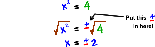 x^2 = 4 gives sqrt( x^2 ) = +/- sqrt( 4 ) ... the plus or minus is very important! ... the equation gives x = +/- 2