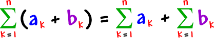 the summation of ( ak + bk ) as k goes from 1 to n = the summation of ( ak ) as k goes from 1 to n + the summation of ( bk ) as k goes from 1 to n
