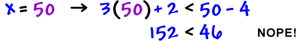 for x = 50, 3(50) + 2 < 50 - 4 which gives 152 < 46 nope!