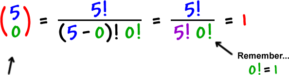 ( 5  3 )  =  5! / ( 5 - 0 )! 0!  =  5! / 5! 0!  =  1  ...  Remember... 0! = 1