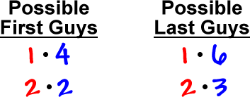 Possible first guys: 1 * 4 and 2 * 2 , Possible last guys: 1 * 6 and 2 * 3