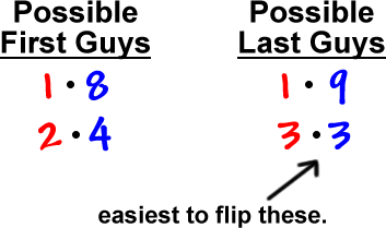 Possible first guys: 1 * 8 and 2 * 4 , Possible last guys: 1 * 9 and 3 * 3 ... easiest to flip the last guys