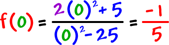 f ( 0 ) = ( 2 ( 0 )^2 + 5 ) / ( ( 0 )^2 - 25 ) = -1/5