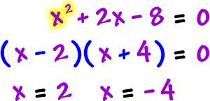 x^2 + 2x - 8 = 0 gives ( x - 2 ) ( x + 4 ) = 0 which gives x = 2 and x = -4