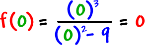 f ( 0 ) = ( ( 0 )^3 ) / ( ( 0 )^2 - 9 ) = 0