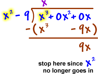 ( x^3 + 0x^2 + 0x ) / ( x^2 - 9 ) = x ... which gives x^3 - 9x ... subtracting gives 9x ... stop here since x^2 no longer goes in