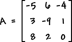 A = [ row 1: -5 , 6 , -4  row 2: 3 , -9 , 1  row 3: 8 , 2 , 0 ]