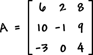 A = [ row 1: 6 , 2 , 8  row 2: 10 , -1 , 9  row 3: -3 , 0 , 4 ]