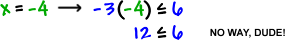 when x = -4, -3 ( -4 ) is less than or equal to 6, which gives 12 is less than or equal to 6.  No way, dude!