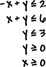 -x + y is less than or equal to 2 ... x + y is less than or equal to 6 ... y is less than or equal to 3 ... y is greater than or equal to 0 ... x is greater then or equal to 0