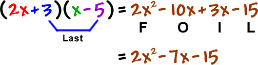 ( 2x + 3 )( x - 5 ) = 2x^2 - 10x + 3x - 15 = 2x^2 - 7x -15