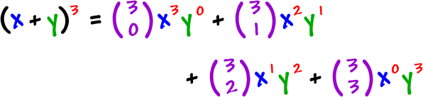 ( x + y )^( 3 )  =  ( 3  0 ) x^( 3 ) y^( 0 )  +  ( 3  1 ) x^( 2 ) y^( 1 )  +  ( 3  2 ) x^( 1 ) y^( 2 )  +  ( 3  3 ) x^( 0 ) y^( 3 )