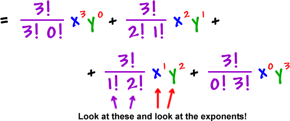 =  ( 3! / 3! 0! ) x^( 3 ) y^( 0 )  +  ( 3! / 2! 1! ) x^( 2 ) y^( 1 )  +  ( 3! / 1! 2! ) x^( 1 ) y^( 2 )  +  ( 3! / 0! 3! ) x^( 0 ) y^( 3 )  ...  look at the bottom of the fractions and look at the exponents!