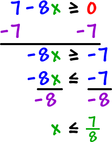 7 - 8x is greater than or equal to 0 ... subtract 7 from both sides ... -8x is greater than or equal to -7 ... divide both sides by -8 ... x is less than or equal to 7 / 8