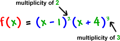 f ( x ) = ( x - 1 )^2 ( x + 4 )^3 ... ( x - 1 ) has a multiplicity of 2 and ( x + 4 ) has a multiplicity of 3