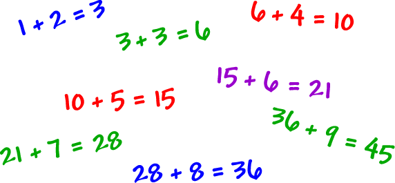 1 + 2 = 3  ...  3 + 3 = 6  ...  6 + 4 = 10  ...  10 + 5 = 15  ...  15 + 6 = 21  ...  21 + 7 = 28  ...  28 + 8 = 36  ...  36 + 9 = 45