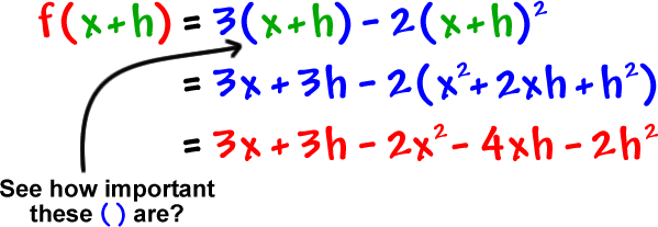 f( x + h ) = 3( x + h ) - 2( x + h )^2 ... = 3x + 3h - 2( x + 2xh + h )^2 ... = 3x + 3h - 2x^2 - 4xh - 2h^2 ... See how important the ( ) are?