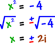 x^2 = -4 gives sqrt( x^2 ) = +/- sqrt( -4 ) which gives x = +/- 2i