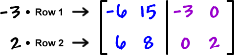 -3 times Row 1 ... 2 times Row 2 ... [ row 1: -6 , 15  row 2: 6 , 8  |  row 1: -3 , 0  row 2: 0 , 2 ]