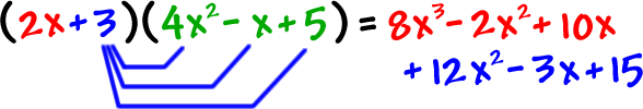 ( 2x + 3 ) ( 4x^2 - x + 5 ) = 8x^3 - 2x^2 + 10x + 12x^2 - 3x + 15