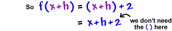 So f( x + h ) = ( x + h ) + 2 ... = x + h + 2 ... we don't need the ( ) here