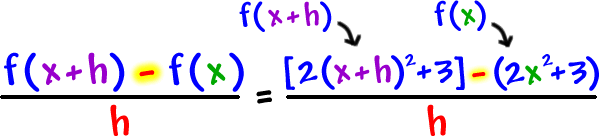 f( x + h ) - f( x ) / h = [ 2( x + h )^2 + 3 ] - ( 2x^2 + 3 ) / h ... the [ 2( x + h )^2 + 3 ] is f( x + h) ... the ( 2x^2 + 3 ) is f( x )
