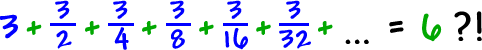 3 + ( 3 / 2 ) + ( 3 / 4 ) + ( 3 / 8 ) + ( 3 / 16 ) + ( 3 / 32 ) + ... = 6 ?!