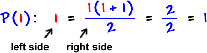 P( 1 ):  1 = 1( 1 + 1 ) / 2  =  2 / 2  =  1  ...  1 is the left side  ...  1( 1 + 1 ) / 2 is the right side