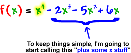 f( x ) = x^4 - 2x^3 - 5x^2 + 6x  ...  to keep things simple, I'm going to start calling this "plus some x stuff"