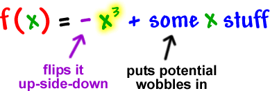 f( x ) = -x^3 + some x stuff  ...  the - flips it up-side-down  ...  the some x stuff puts some potential wobbles in