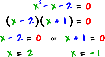 x^2 - x - 2 = 0 gives ( x - 2 ) ( x + 1 ) = 0 which gives x - 2 = 0 or x + 1 = 0 which gives x = 2 or x = -1