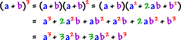 ( a + b )^( 3 ) = ( a + b )( a + b )^( 2 ) = ( a + b )( a^( 2 ) + 2ab + b^( 2 ) )  =  a^( 3 ) + 2a^( 2 )b + ab^( 2 ) + a^( 2 )b + 2ab^( 2 ) + b^( 3 )  =  a^( 3 ) + 3a^( 2 )b + 3ab^( 2 ) + b^( 3 )