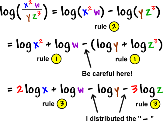 log( x^( 2 ) * w / y * z^( 3 ) ) = log( x^( 2 ) * w ) - log( y * z^( 3 ) ) ... rule 2 ... = log( x^( 2 ) ) + log( w ) - ( log( y ) + log( z^( 3 ) ) ... the part outside the parenthesis is rule 1 ... the part inside the parentheses is rule 1 ... Be careful here! ... = 2 * log( x ) + log( w ) - log( y ) - 3 * log( z ) ... both parts of this equation are rule 3 ... I distributed the " - "