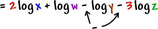 = 2 * log( x ) + log( w ) - log( y ) - 3 * log ( z ) ... the last two guys in this equation are negative