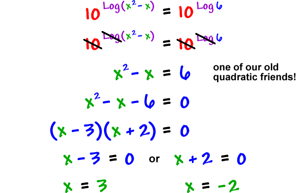 10^( Log( x^( 2 ) - x ) = 10^( Log( 6 ) )  ...  the 10 and the Log cancel on both sides  ...  x^( 2 ) - x = 6  ...  one of our old quadratic friends!  ...  x^( 2 ) - x - 6 = 0  ...  ( x - 3 ) ( x + 2 ) = 0  ...  x - 3 = 0  or  x + 2 = 0  ...  x = 3  ...  x = -2