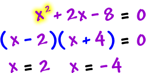 x^2 + 2x - 8 = 0  ...  ( x - 2 )( x + 4 ) = 0  ...  x = 2  ,  x = -4