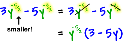3y^( -5 / 2 ) - 5y^( -3 / 2 )  =  3y( -5 / 2 ) - 5y^( -3 / 2 )  ... the ^( -5 / 2 ) is smaller!  =  y^( -5 / 2 ) ( 3 - 5y )
