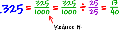 .325 = 325/1000 = (325/1000) / (25/25) = 13/40