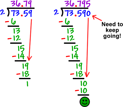 long division work for 73.59 divided by 2