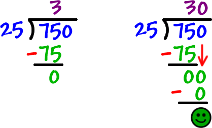 long division work for the problem 750 divided by 25...  So, 7.5 divided by .25 is 30