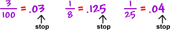 3 / 100 = .03      1 / 8 = .125      1 / 25 = .04