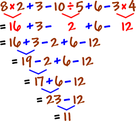 8 x 2 + 3 - 10 / 5 + 6 - 3 x 4 = 16 + 3 - 2 + 6 - 12 = 19 - 2 + 6 - 12 = 17 + 6 - 12 = 23 - 12 = 11