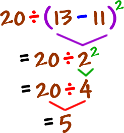 20 / ( 13 - 11 )^2 = 20 / 2^2 = 20 / 4 = 5